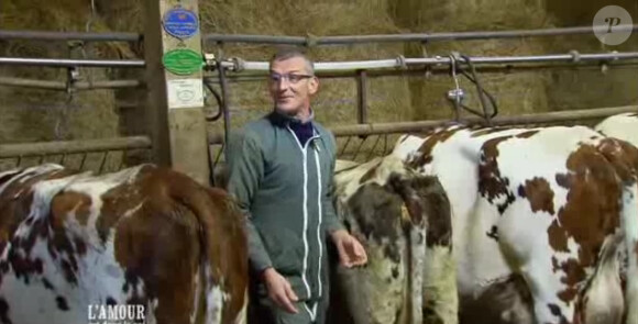 Jean-Claude, agriculteur star de l'amour est dans le pré, saison 6 en plein milieu de son élevage. 
