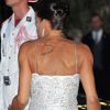 Stéphanie de Monaco de dos avec un énorme tatouage et dans une robe signée Jicky lors du dîner organisé pour le mariage du Prince Albert avec Charlene Wittstock. Monaco, le 2 juillet 2011