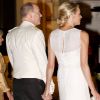 Charlene Wittstock, divine de dos dans sa robe Armani lors du dîner organisé pour son mariage avec le Prince Albert. Monaco, le 2 juillet 2011