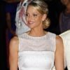 La Princesse Charlene avec sa robe Armani lors du dîner organisé pour son mariage avec le Prince Albert. Monaco, le 2 juillet 2011