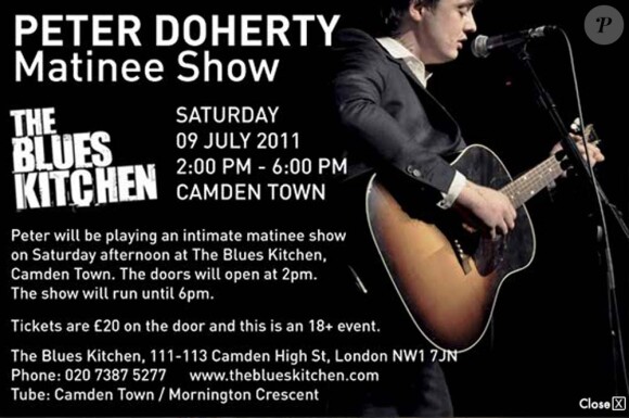 Pete Doherty sera en concert le samedi 9 juillet 2011 dans l'après-midi à Camden.