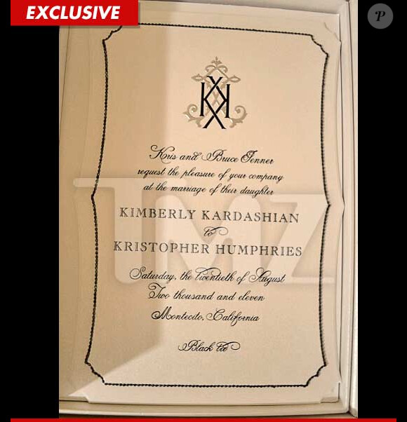 Le faire-part de Kim Kardashian et Kris Humphries qui se marient le 20 août 2011