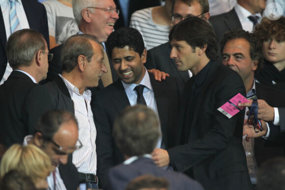 Bertrand Delanoë, Nasser Al-Khelaïfi et Leonardo lors du match PSG-Lyon du 2 octobre 2011