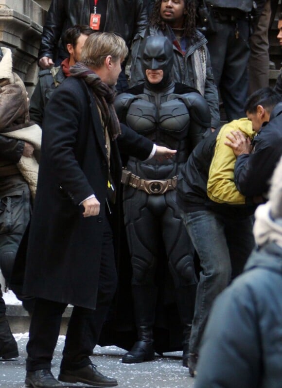 Christian Bale en costume de Batman, sur le tournage de The Dark Knight Rises, à New York le 5 novembre 2011