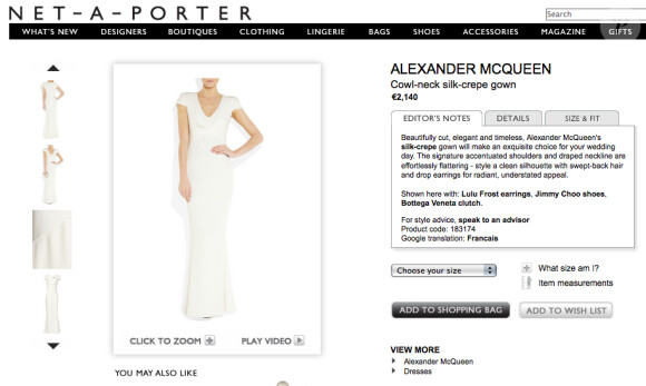 Le site Net-à-porter propose la réplique de la robe portée par Pippa Middleton, signée Alexander McQueen