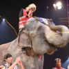 Adriana Karembeu sur un éléphant lors du lancement de la 5ème édition Tous en Fête au Cirque Pinder le 2 décembre 2011