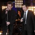 Laurent Gerra et Johnny Hallyday lors de l'enregistrement de l'émission Laurent Gerra ne s'interdit rien, samedi 10 décembre 2011 sur TF1 