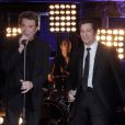Laurent Gerra et Johnny Hallyday lors de l'enregistrement de l'émission Laurent Gerra ne s'interdit rien, samedi 10 décembre 2011 sur TF1 