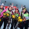 Marie-Laure Brunet, Anaïs Bescond, Sophie Boilley et Marie Dorin Habert le 11 décembre 2011 à Hochfilzen en Autriche lors du relais 4x6 km