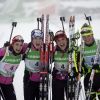 Marie-Laure Brunet, Anaïs Bescond, Sophie Boilley et Marie Dorin Habert le 11 décembre 2011 à Hochfilzen en Autriche lors du relais 4x6 km
