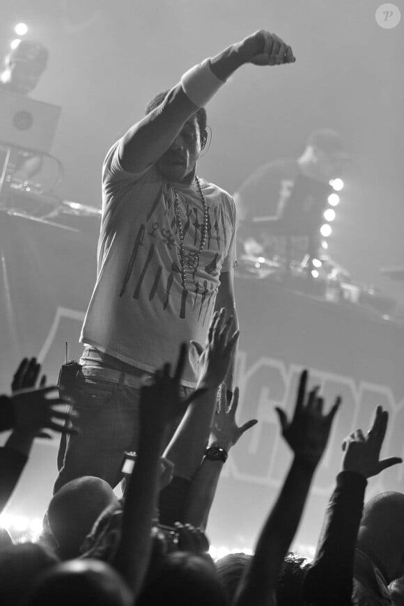 JoeyStarr en concert au Bataclan, à Paris, le 12 décembre 2011. L'acteur est sur scène avec son album Egomaniac, sorti en octobre.