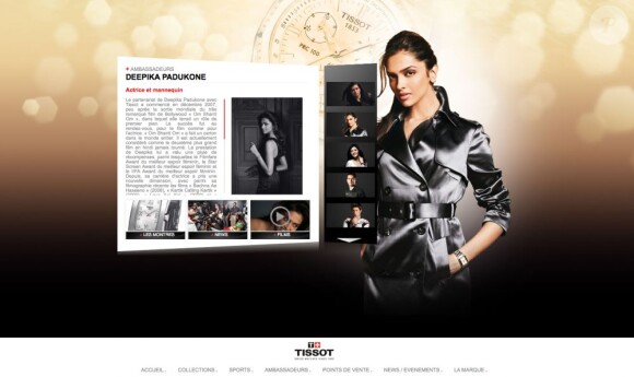 Capture d'écran du site Tissot qui présente leur belle ambassadrice Deepika Padukone