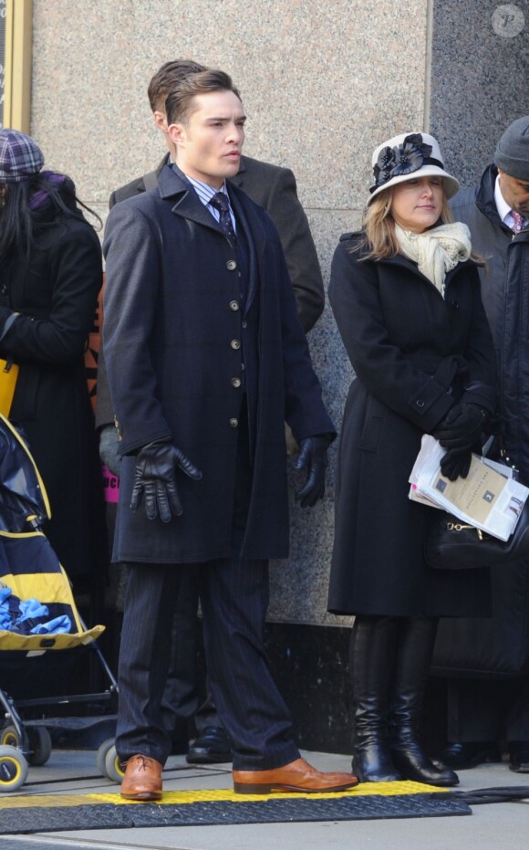 Ed Westwick, durant le tournage de Gossip Girl, le 10 janvier 2012.
