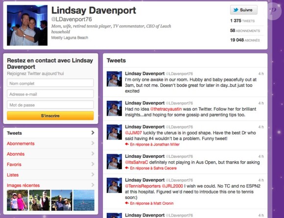 Le Twitter de Lindsay Davenport était en ébullition dans les heures suivant la naissance de son troisième enfant, le 16 janvier 2012.