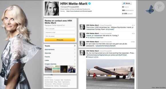 Victime de la phobie de l'avion, la princesse Mette-Marit a commenté sur Twitter ses mésaventures...
De retour de l'anniversaire de la princesse Mary à Copenhague, le prince Haakon et la princesse Mette-Marit de Norvège ont dû être évacués d'urgence ainsi que tous les passagers du vol #1462 pour Oslo, le 5 février 2012.