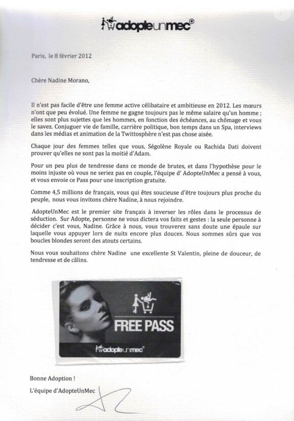 La lettre du site de rencontres Adopteunmec.com à Nadine Morano pour la Saint-Valentin 2012
