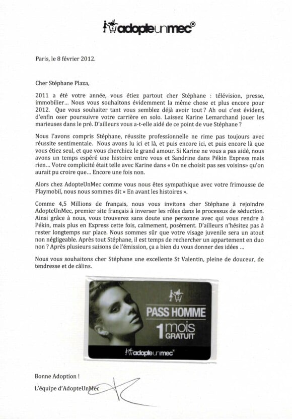 La lettre du site de rencontres Adopteunmec.com à Stéphane Plaza pour la Saint-Valentin 2012