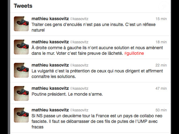 Copie d'écran du Twitter de Mathieu Kassovitz le 5 mars 2012