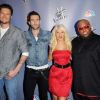 Blake Shelton, Adam Levine, Cee Lo Green et Christina Aguilera faisaient la promo de la première saison de The Voice US, à Los Angeles, le 15 mars 2012. Ils sont actuellement en plein coeur de la saison 2.