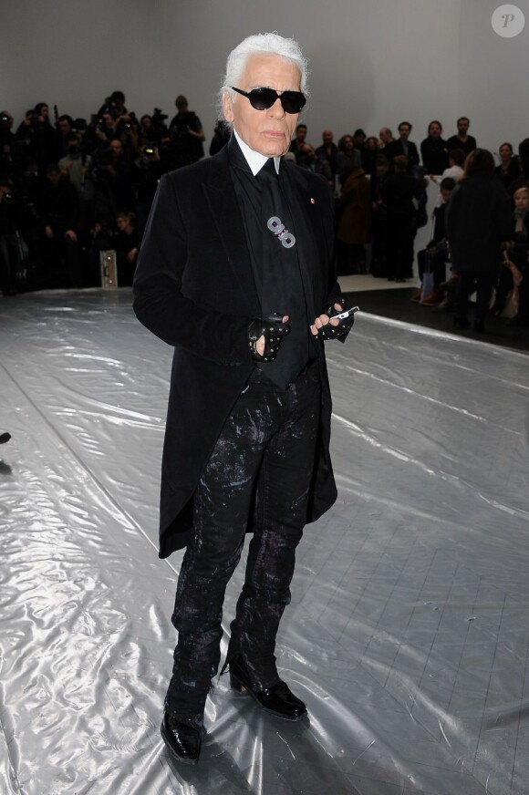Karl Lagerfeld lors du défilé Dior Homme à Paris, le 21 janvier 2012.