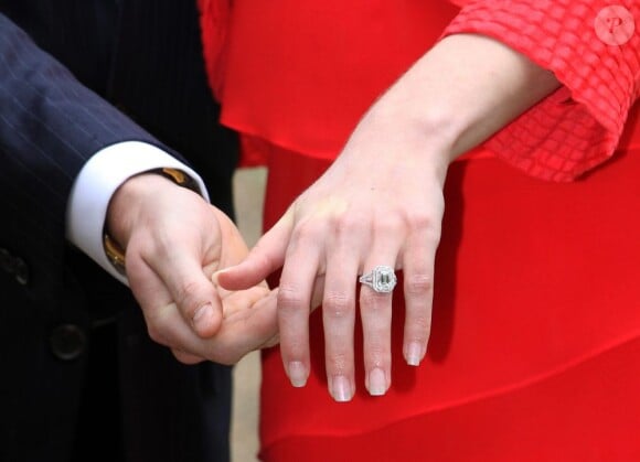 Photo des fiançailles du grand-duc héritier Guillaume de Luxembourg et de la comtesse Stéphanie de Lannoy, le 27 avril 2012, au château de Berg, à l'issue du déjeuner réunissant leurs deux familles, au lendemain de l'annonce de leurs fiançailles.