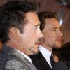 Robert Downey Jr. et tom Hiddleston lors de l'avant-première à New York dans le cadre du festival de Tribeca du film Avengers, le 28 avril 2012