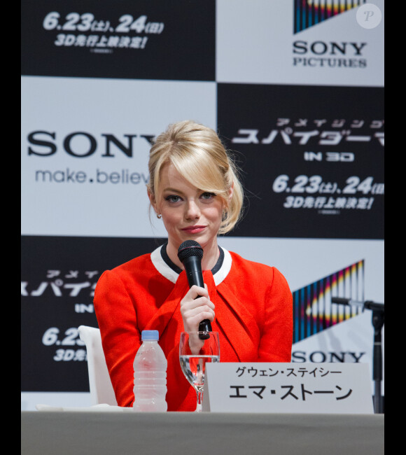 Emma Stone lors de la conférence de presse du film The Amazing Spider-Man au Japon à Tokyo le 12 juin 2012
