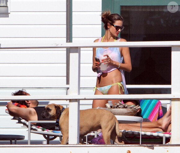 Alessandra Ambrosio profite d'une belle journée à Los Angeles sur la plage avec ses amis pendant une partie de volley-ball. Los Angeles le 7 juillet 2012
