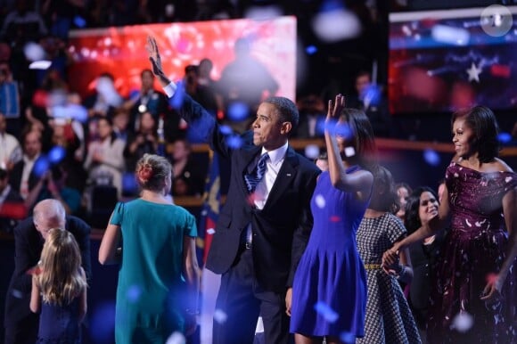 Sasha, Malia, Michelle et Barack Obama lors de la convention nationale du Parti démocrate au Times Warner Cable Arena de Charlotte le 6 septembre 2012