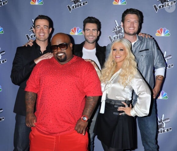 Christina Aguilera, Cee Lo Green, Adam Levine et Blake Shelton composent le jury des trois premières saisons de The Voice sur NBC. Ici à Los Angeles, le 28 octobre 2011.