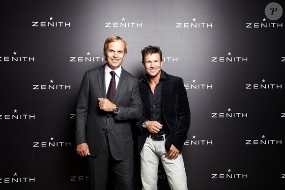 Felix Baumgartner (à droite), ambassadeur de la marque, lors de la soirée Pilot de Zénith au Musée des Arts et Métiers à Paris le 17 septembre 2012