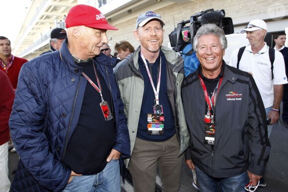 Nikki Lauda, Ron Howard et Mario Andretti dans le paddock du Grand Prix des Etats-Unis à Austin au Texas le 18 novembre 2012