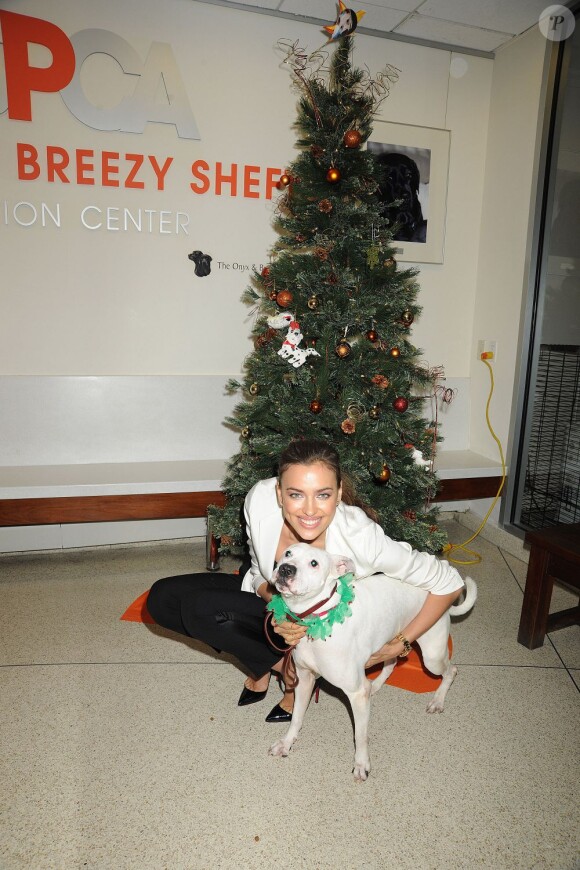 Le top model Irina Shayk, tombée sur le charme de "Lady" au Centre d'Adoption de l'association ASPCA à New York, oeuvre pour le bien-être des animaux. Le 14 décembre 2012.