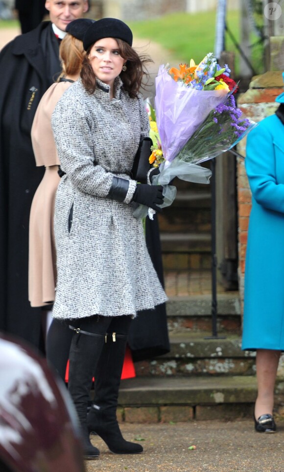 La princesse Eugenie. La famille royale d'Angleterre assiste à la messe de Noël en l'église St Mary Magdalene Church à Sandringham. Le 25 décembre 2012