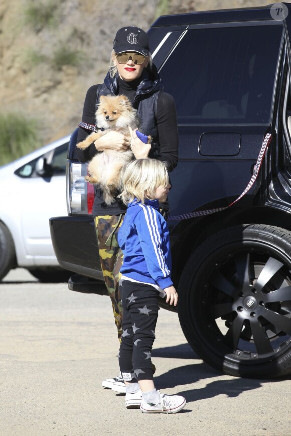 Gwen Stefani, Gavin Rossdale, leurs fils Kingston et Zuma, et leur chien, sont allés faire une promenade à Runyon Canyon sur les hauteurs de Los Angeles. La soeur de Gavin Rossdale, Soraya, est venue les rejoindre. Photo prise le 12 janvier 2013 à Los Angeles. La chanteuse ne quitte plus son petit chien.
