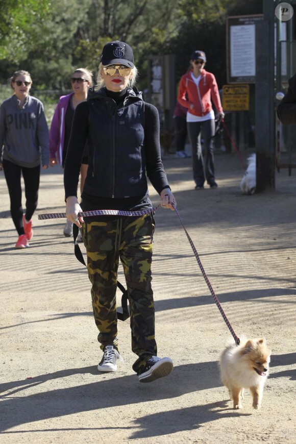 Gwen Stefani, Gavin Rossdale, leurs fils Kingston et Zuma, et leur petit chien, sont allés faire une promenade à Runyon Canyon sur les hauteurs de Los Angeles. La soeur de Gavin Rossdale, Soraya, est venue les rejoindre. Photo prise le 12 janvier 2013 à Los Angeles.