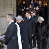 Obsèques de Jacki Clerico, ancien directeur historique du Moulin Rouge, en l'église Saint-Pierre à Neuilly-sur-Seine, le 18 janvier 2013, en présence de la famille, de Michou, Yvan Zaplatilek et Mireille Mathieu.