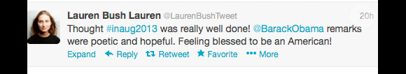 Lauren Bush s'est exprimé sur Twitter au sujet de l'investiture de Barack Obama, le 21 janvier 2013.