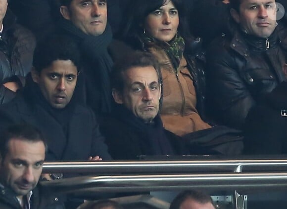 Nasser Al-Khelaïfi, Nicolas Sarkozy lors du match entre le PSG et Lille (1-0) le 27 janvier 2012 au Parc des Princes à Paris