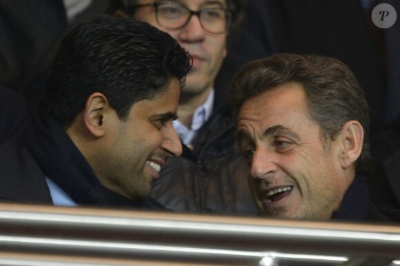 Nicolas Sarkozy et Nasser El-Khelaïfi lors du match entre le PSG et Lille (1-0) le 27 janvier 2012 au Parc des Princes à Paris