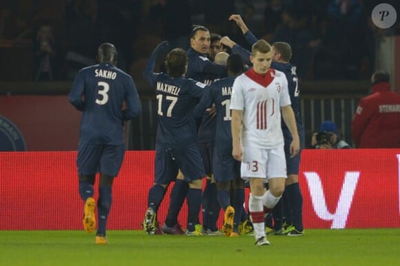 la joie du PSG après la victoire parisienne face au LOSC le 27 janvier 2013 au Parc des Princes à Paris