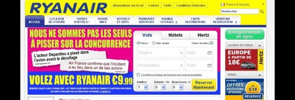 Publicité pour Ryanair s'inspirant de l'envie pressante de Gérard Depardieu dans un avion - août 2011