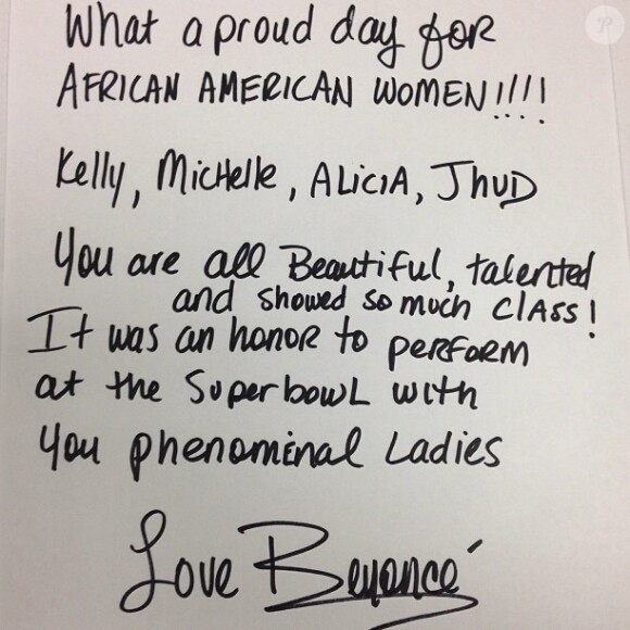Beyoncé a posté un joli message après sa prestation au Super Bowl pour exprimer sa joie et sa fierté, le 4 février 2013.