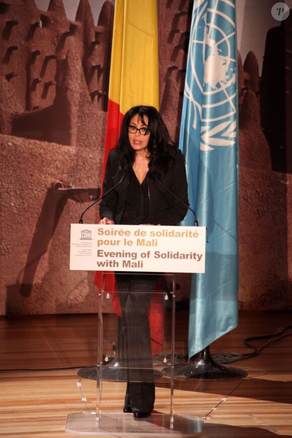 Exclusif - Yamina Benguigui (ministre déléguée en charge des Français de l'étranger et de la Francophonie) à la soirée de solidarité pour le Mali à l'Unesco à Paris, le 18 février 2013. La ministre s'est exprimée sur la destruction du patrimoine culturel du pays et l'aide de la France.