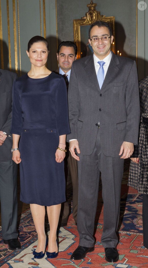 La princesse Victoria de Suède recevant le 18 février 2013 au palais royal, à Stockholm, Karim Ghellab, président de la Chambre des représentants du Maroc.