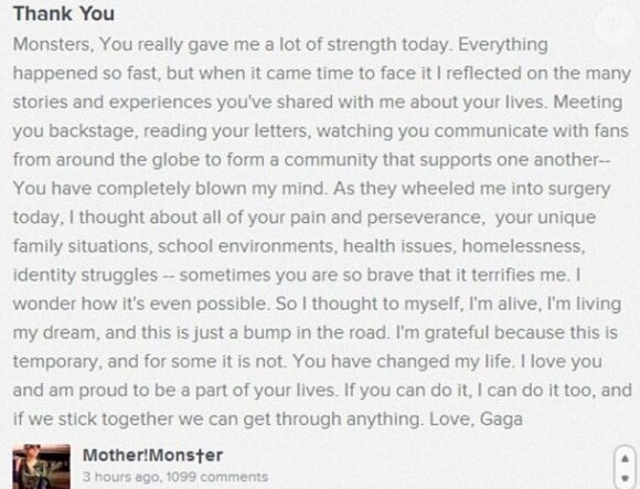 Lady Gaga a adressé un message de remerciements à ses fans sur son site Internet, le mercredi 20 février.