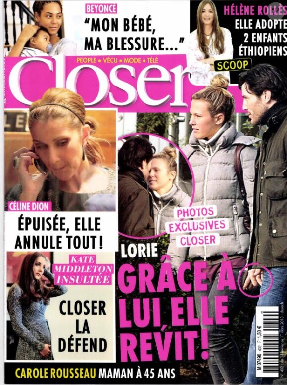 Couverture de Closer qui annonce qu'Hélène Rollès a adopté deux enfants. En kiosques depuis le 23 février 2013.