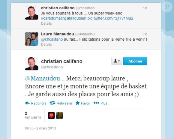 Laure Manaudou félicite Christian Califano pour la future naissance à venir, le 2 mars 2013