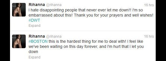 Rihanna, contrainte d'interrompre temporairement sa tournée, s'est excusée auprès de ses fans sur Twitter, le dimanche 10 mars 2013.