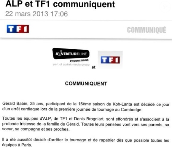 Communiqué de presse de TF1 confirmant le décès d'un candidat de Koh Lanta 2013